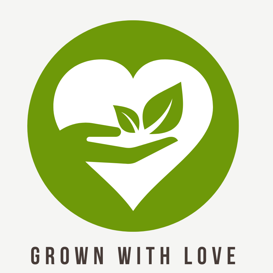 Heart Icon Button with a hand holding leaves that reads Grown with Love. 